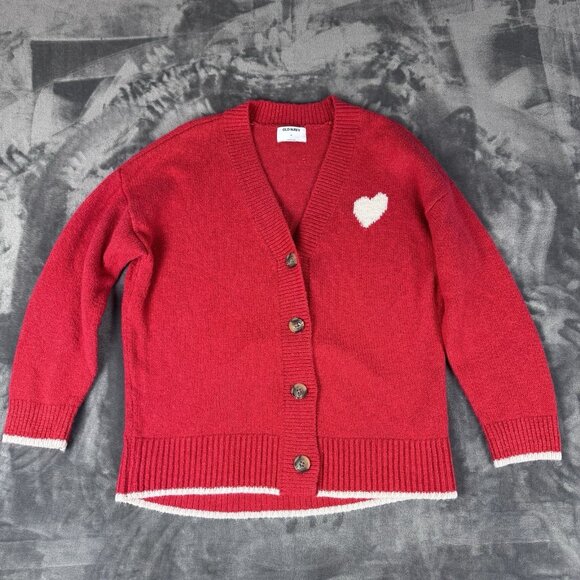 Old Navy Slouchy Cardigan Sweater Red Heart Button Front Cotton Womens M - Picture 1 of 9